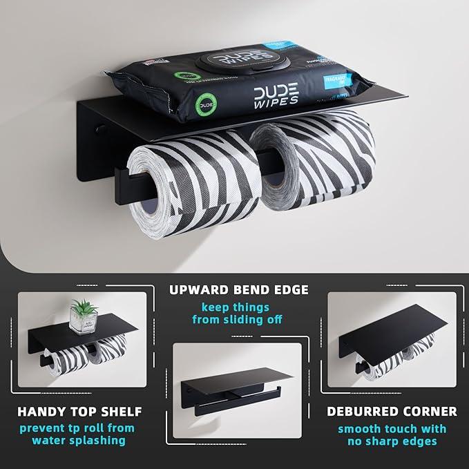Angle Simple Matte Black Toilet Paper Holder with Shelf, 304 Stainless Steel Double Toilet Tissue Roll Holder for Wall - ModernBath
