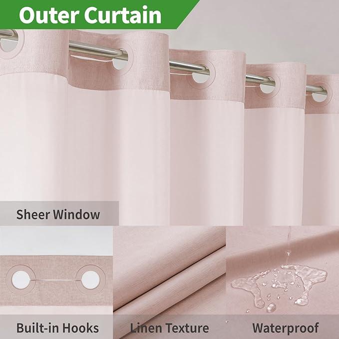 eachope Extra Long No Hooks Needed Linen Textured Shower Curtain with Snap-in Fabric Liner Set,Blush Hotel Luxury Decor Shower Curtains for Bathroom,Waterproof & Washable,71Wx86H - ModernBath