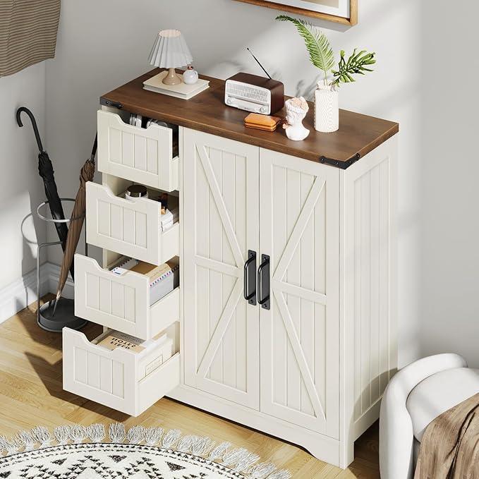 Vabches Farmhouse Bathroom Cabinet, Freestanding Storage Cabinet with 4 Drawers and 2 Doors, Rustic Storage Organizer with Adjustable Shelf for Bathroom, Living Room, Entryway, White - ModernBath