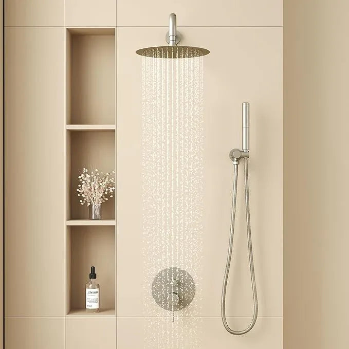 BESy Shower System with 10 Inch Round Rain Shower Head and Handheld Wall Mounted, High Pressure Rainfall Shower Faucet Fixture Combo Set with 2 in 1 Handheld Showerhead for Bathroom, Brushed Nickel - ModernBath