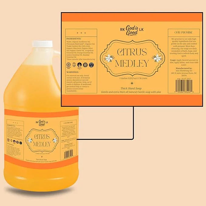 RKGodisGoodLK CITRUS MEDLEY Thick Hand Soap with Organic Ingredients – 1 Gallon Refill (128 fl oz / 3.78 L), Castile Liquid Soap with Aloe Vera & Essential Oils, Natural Moisturizing Hand Wash - ModernBath