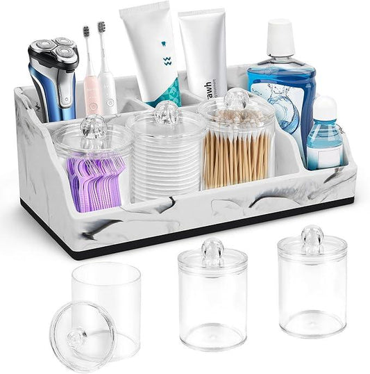 MSBRCH Bathroom Organizer Countertop, White Marble Toothbrush Holders for Bathrooms with 3PCS Qtip Holder Dispenser, Toothbrush and Toothpaste Holder for Bathroom Counter Organization Storage Vanity - ModernBath