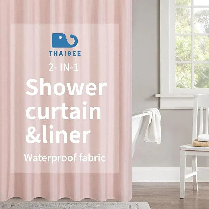 THAIGEE 2-in-1 Waterproof Extra Long Fabric Shower Curtain or Liner,Linen Textured,84 Inch Breathable TPU & Washable Bathroom Shower Curtain Set with 12 Plastic Hooks,Modern,72"x84" Blush - ModernBath