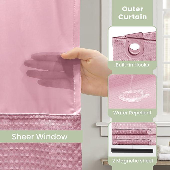 Inhousolu No Hook Shower Curtain with Snap in Fabric Liner Set Waffle Weave 230GSM Weighted Hem, Waterproof & Washable Bathroom Curtain Spa Luxury with Mesh Top Window 72" W x 72" L Pink - ModernBath