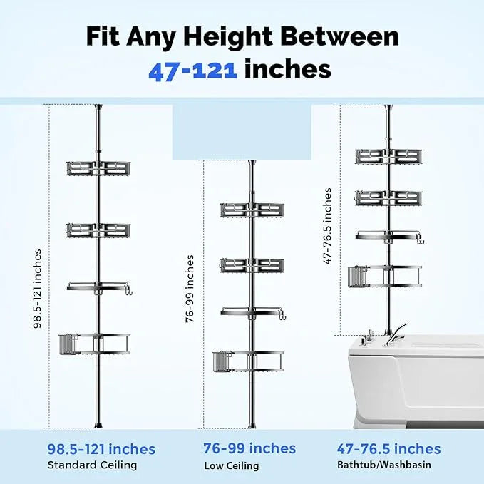 HAMITOR Corner Shower Caddy Tension Pole: Quick Installation 4-Tier Rustproof Bathroom Organizer Shelves for Bathtub Shampoo Storage - 47-121 inch Adjustable Floor Standing Bath Rack Holder Gray - ModernBath