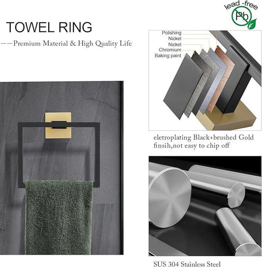 TNOMS 5 Pieces Bathroom Hardware Accessories Set Black and Gold Towel Bar Set,Wall Mounted Stainless Steel,23.6 Inch - ModernBath