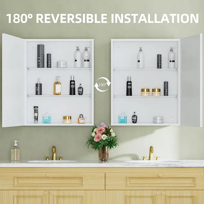 Buruis 24" x 30" Framed Medicine Cabinet with Mirror, Recessed or Wall Mounted Bathroom Cabinet, Adjustable Tempered Glass Shelves, Left/Right Open Reversible, No Assembly Required, White - ModernBath