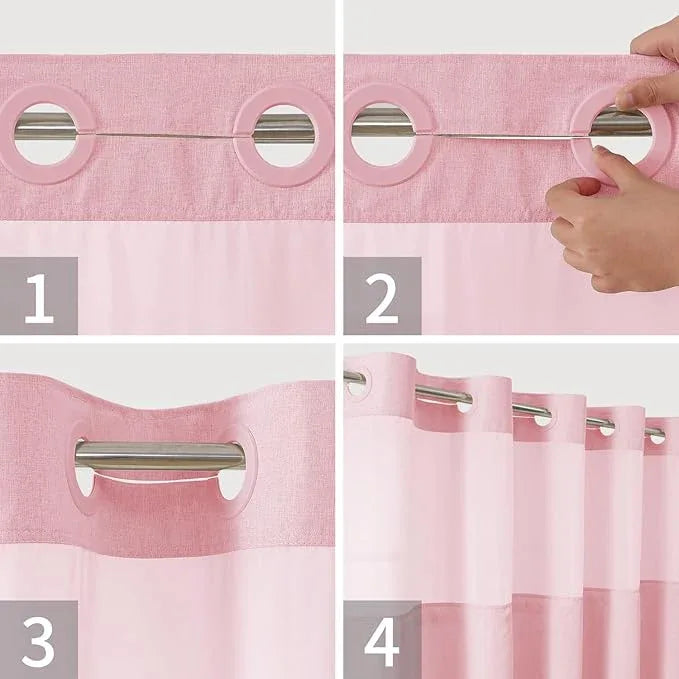 eachope No Hooks Needed Linen Textured Shower Curtain with Snap-in Fabric Liner Set,Hotel Luxury Decor Shower Curtains for Bathroom with Mesh Top Window,Waterproof & Washable,71Wx74H,Pink - ModernBath