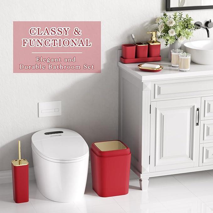 XLHOMO Dark Red Bathroom Accessory Set, 9-Piece Burgundy Bathroom Set with Trash Can, Toothbrush Holder, Toothbrush Cup,Soap Dispenser,Soap Dish,Toilet Brush Holder,2 Qtip Holder Dispensers and Tray - ModernBath