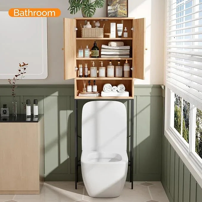 VINGLI Over The Toilet Storage Cabinet, Rattan Bathroom Organizer Behind Toilet,Above Metal Stand Rack Tall Freestanding Wood Cabinet with Wicker Doors,Adjustable Shelf for Bathroom,Restroom,Bohemian - ModernBath