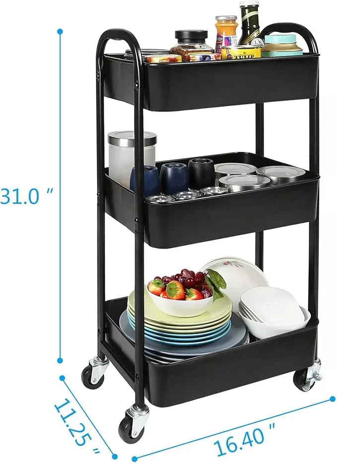 3-Tier Rolling Utility Cart with Caster Wheels,Easy Assembly, for Kitchen, Bathroom (Black) - ModernBath
