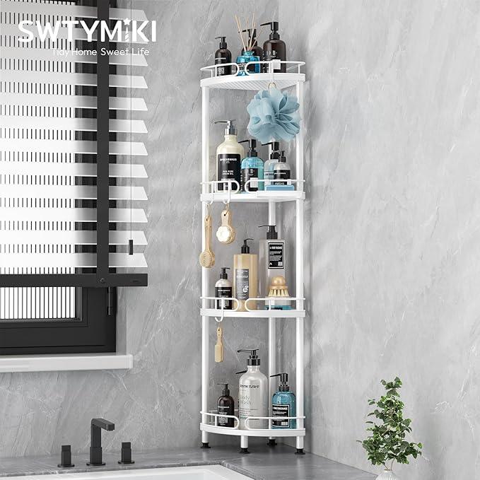 SWTYMIKI Corner Shower Caddy Standing - 4 Tier Stainless Steel Shower Organizer Stand with 4 Hooks & Soap Holder, Rustproof Metal Standing Tall Floor Shower Shelf and Bathroom Organizer, White - ModernBath