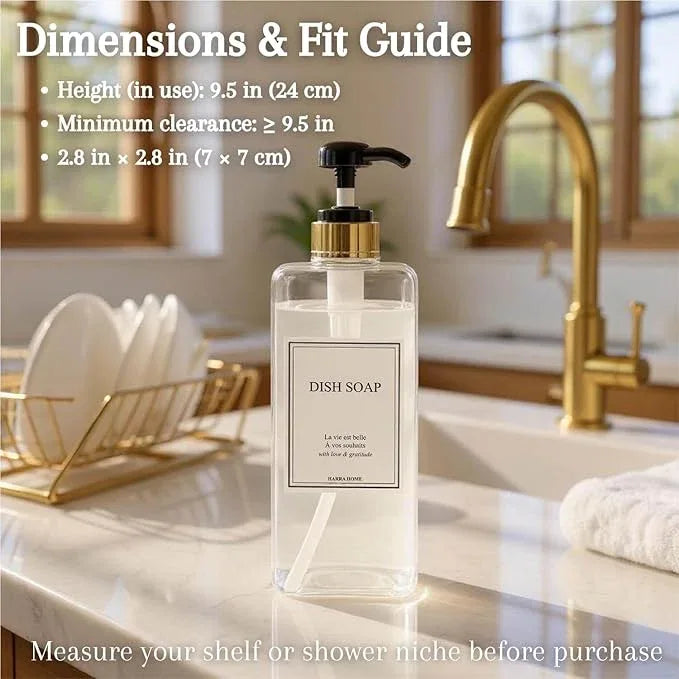 Modern Gold Design Shampoo and Conditioner Dispenser, Large 27oz Shower Soap Dispenser, Set of 3 Refillable Empty Plastic Pump Bottles for Bathroom (6 Waterproof Labels Included), (Clear & Black) - ModernBath