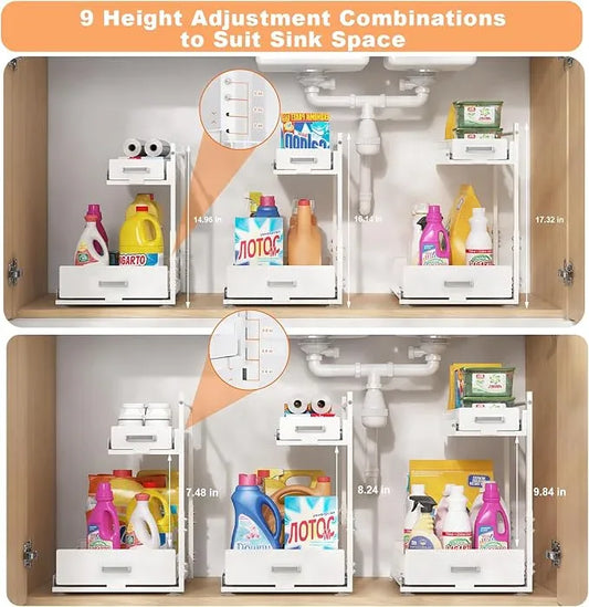 Under Sink Organizer,2 Tier Slide Out Kitchen Cabinet Organizers with Pulley,Under Bathroom Sink Pull Out Organizer with Multiple Height Adjustments for Kitchen and Bathroom Cabinets (White) - ModernBath