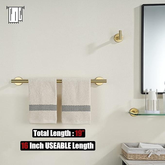 JQK Towel Bar Brushed Gold, 19 Inch 304 Stainless Steel Thicken 0.8mm Towel Rack Bathroom, Towel Holder Wall Mount, Useable Length 16 Inch TB110L16-BG - ModernBath