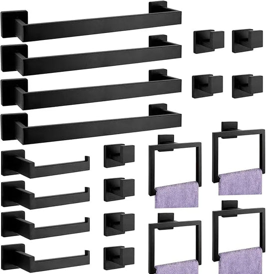 Bathroom Accessories Towel Bar Set: 20 Pieces Matte Black Bathroom Hardware Square SUS304 Stainless Steel - Wall Mounted Towel Rack&Toilet Paper Holder&Towel Ring and Towel Hook - ModernBath