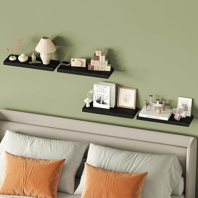 Fixwal Floating Shelves for Wall, Wall Mounted Rustic Wood Shelves for Bathroom, Living Room, Bedroom and Kitchen, Wall Shelves for Storage,Books,Room Decor (Black, Set of 4, 15.8 Inch) - ModernBath