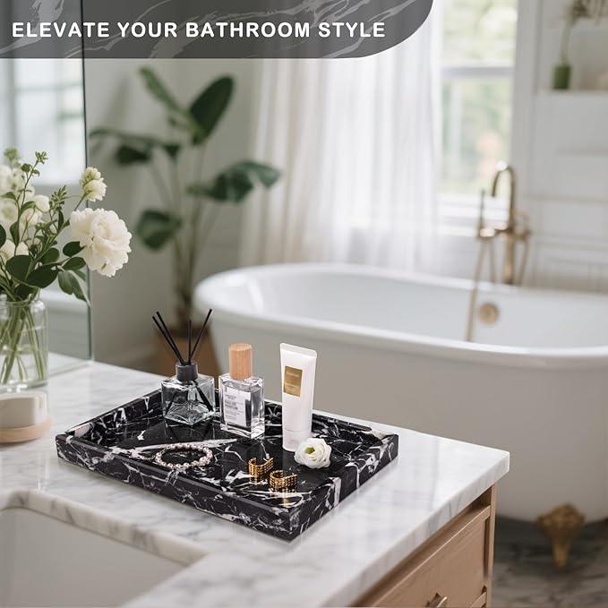 Homaura Marble Bathroom Tray for Countertop & Home Decor, Natural Decorative Marble Tray for Jewelry & Perfume Organizer, Luxury Stone Vanity Trays for Dresser, Kitchen Counter, 12" x 8", Black - ModernBath