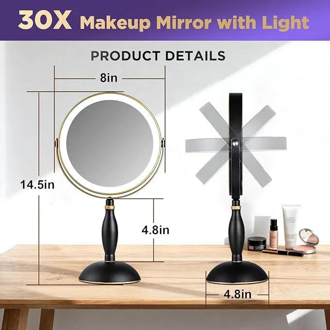 30x Magnifying Mirror with Light, Matte Black with Gold Trim, Makeup Mirror with 3 Color Lights & Brightness Adjustable, 5000mAh Rechargeable Vanity Mirror, Modern Style Side Touch + Side Charge - ModernBath
