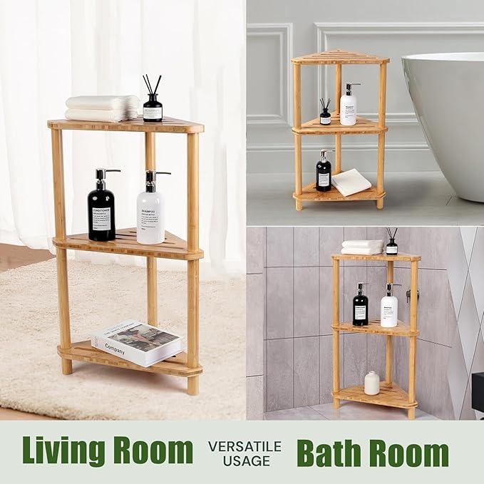 Bamboo Corner Shower Caddy Stand 3-Tier Waterproof,Free Standing Corner Shelf Shower Stool Organizer for Inside Shower,Space-Saving Storage Shelf with Anti-Slip Feet - ModernBath