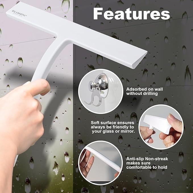 Shower Squeegee for Glass Doors 10 Inch, RICHMIRTH All Purpose Squeegee Cleaning Tool for Window Glass Mirror Bathroom Tile with Suction Cup Hooks - White - ModernBath
