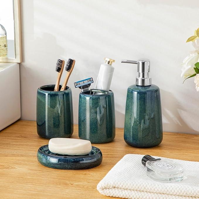 vancasso Green Bathroom Accessories Set, Ceramic Soap Dispenser and Toothbrush Holder Sets, Stoneware 4 Pcs Bathroom Sink Set for Modern Home Decor, Series Starry - ModernBath