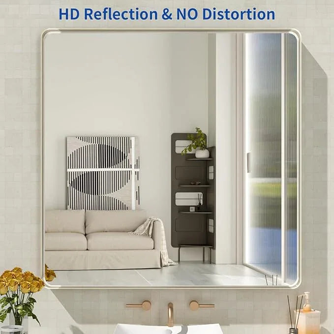 WEER 36X36 Inch Brushed Nickel Bathroom Mirror, Brushed Silver Metal Frame Mirror, Rounded Rectangle Silver Bathroom Vanity Mirror, Tempered Glass, Anti-Rust, Hangs Horizontally or Vertically - ModernBath