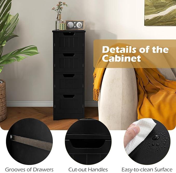 LOKO Floor Storage Cabinet with 4 Drawers, Bathroom Cabinet with Anti-toppling Device, Multifunctional Floor Cabinet for Bathroom, Living Room, Kitchen, 12 x 12 x 32 inches (Black) - ModernBath