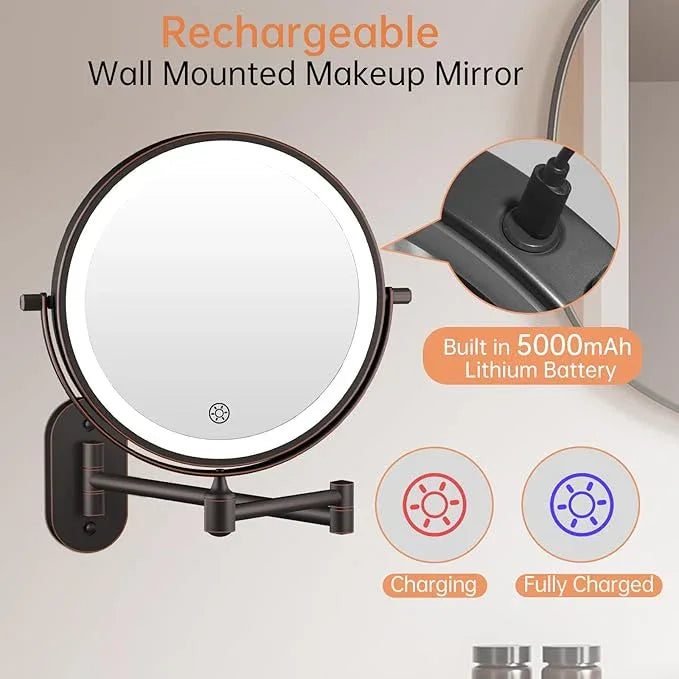 5000mAh Rechargeable Wall Mounted Lighted Makeup Vanity Mirror Double Sided 1X 30X Magnifying Bathroom Mirror, 3 Color Lighting, Touch Dimming, Extended Arm 360 Rotation Light up Mirror Antique Bronze - ModernBath