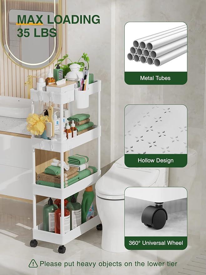 LEHOM Slim Rolling Storage Cart - 4 Tiers Bathroom Organizer Utility Cart Slide Out Storage Shelves Mobile Shelving Unit for Kitchen, Bedroom, Office, Laundry Room, Small Narrow Spaces (7.1" W+White) - ModernBath