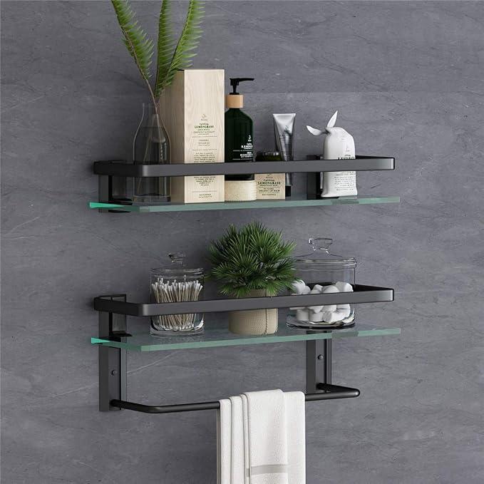 VOLPONE Glass Bathroom Shelf with Towel Bar 15.7in Bathroom Wall Shelves Rustproof Metal Bathroom Wall Organizer 2-Tier (Black) - ModernBath