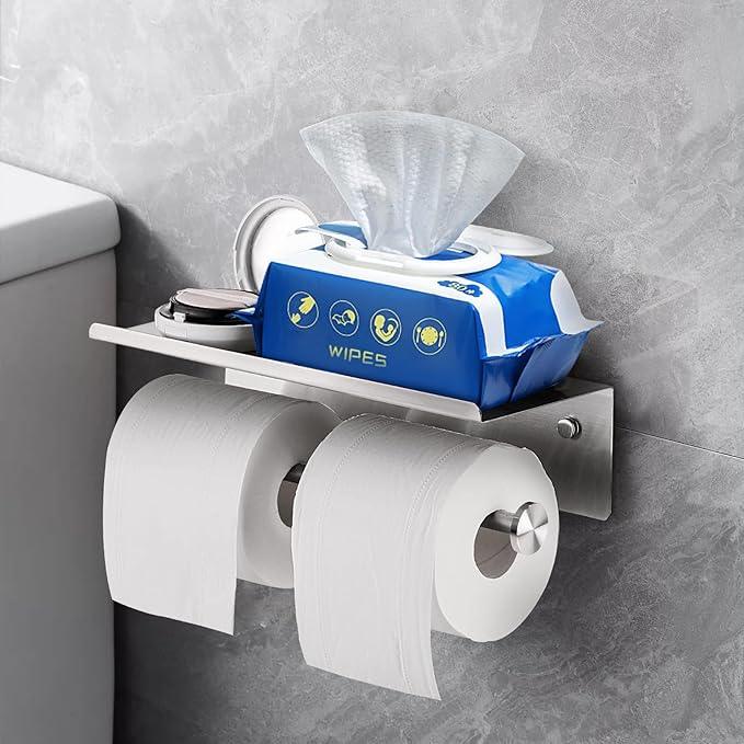 YUMORE Toilet Paper Holder, 304 Stainless Steel Bathroom Double Roll Tissue Holder with Shelf, Wall Mounted Washroom Dual TP Dispenser Storage, Flushable Wipes Dispenser, Brushed Nickel Finish - ModernBath