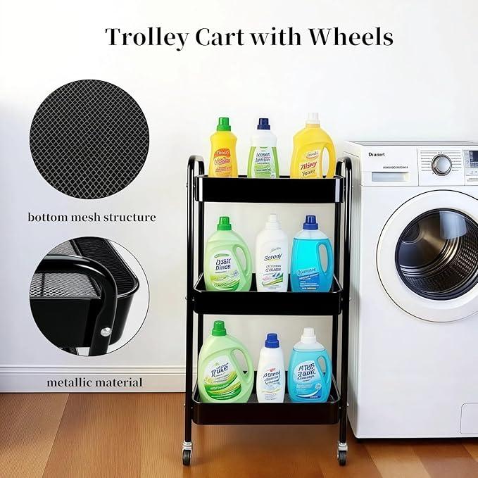 3 Tier Rolling Storage Cart for Kitchen Storage & Laundry Room Organization, Large Capacity Metal Utility Cart on Wheels and 4 Hooks for Art Lash Craft Bedside, Sturdy Nursery Organizer, Black - ModernBath