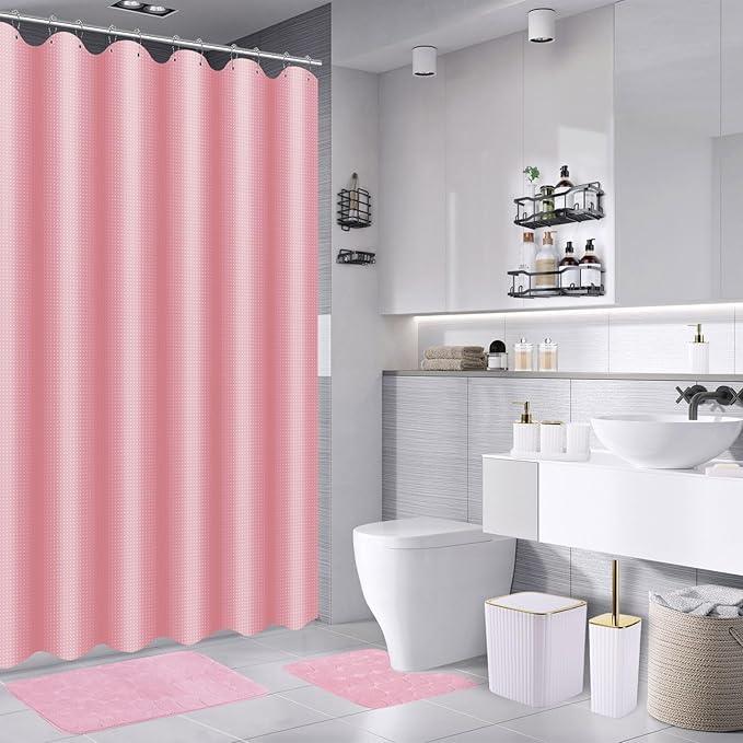 XLHOMO Bathroom Accessories Set - 30PC Gorgeous White Bathroom Set, Bathroom Accessory Set, Pink Shower Curtain Set with Shower Caddies, Soap Dish & Trash Can - ModernBath