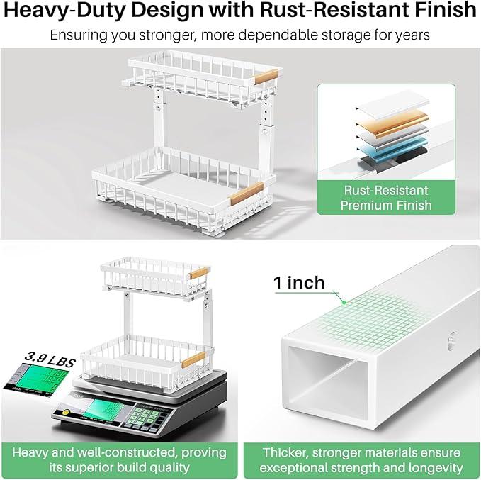 Kitstorack Under Sink Organizer, 2 Packs 2 Tier Under Sink Organizers and Storage, Slide out Pull out Cabinet Organizer Shelf, Metal Sliding Drawer for Kitchen Bathroom Pantry Closet Rack(White) - ModernBath