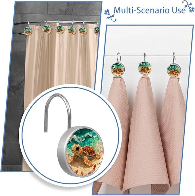 Beach Cartoon Ocean Turtle Shower Curtain Hooks Rings, Stainless Steel Rust Proof Shower Curtain Hooks, Decorative Shower Hooks for Bathroom Shower Rods Curtains, Set of 12 - ModernBath