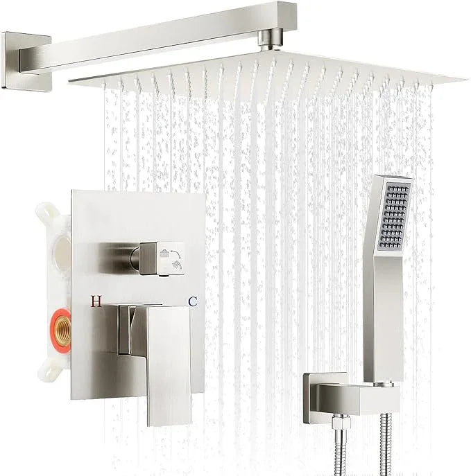 RNDIOZD Brushed Nickel Shower Faucet Set, 10 inch Rain Shower System w/Pressure Balance Valve, Wall Mounted 2-Functions Bathroom Shower Systems w/Rain Shower and Handheld Spray Shower Trim Included - ModernBath