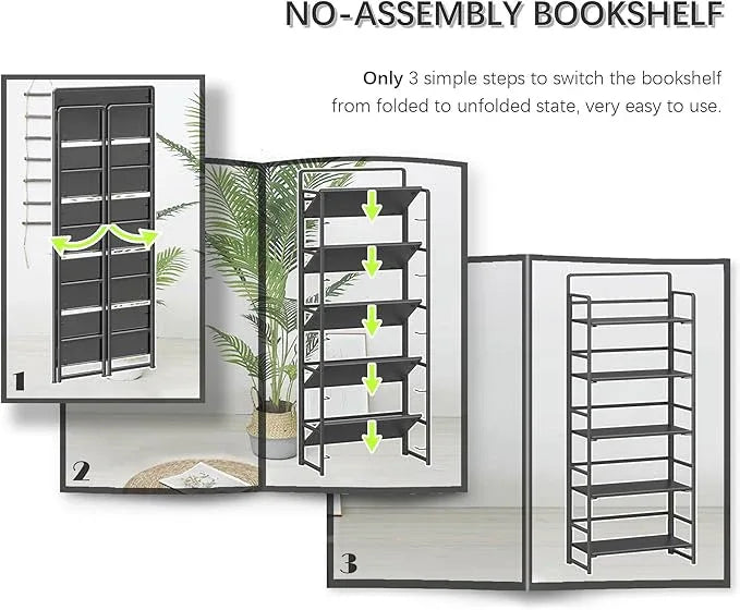 4NM No Assembly 5 Tiers Folding Bookshelf Storage Shelves Vintage Bookcase Standing Racks Study Organizer Home Office (All Black) - ModernBath