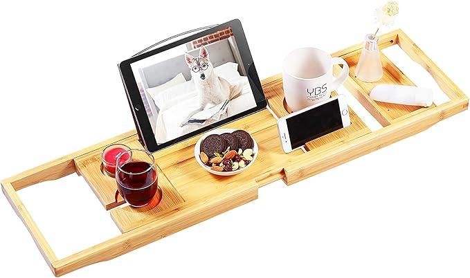 VaeFae Bamboo Bathtub Caddy Tray, Expandable Bath Tray for Tub with Upgraded Wine Slots and Book Holder - Ideal for One or Two Person Use - ModernBath