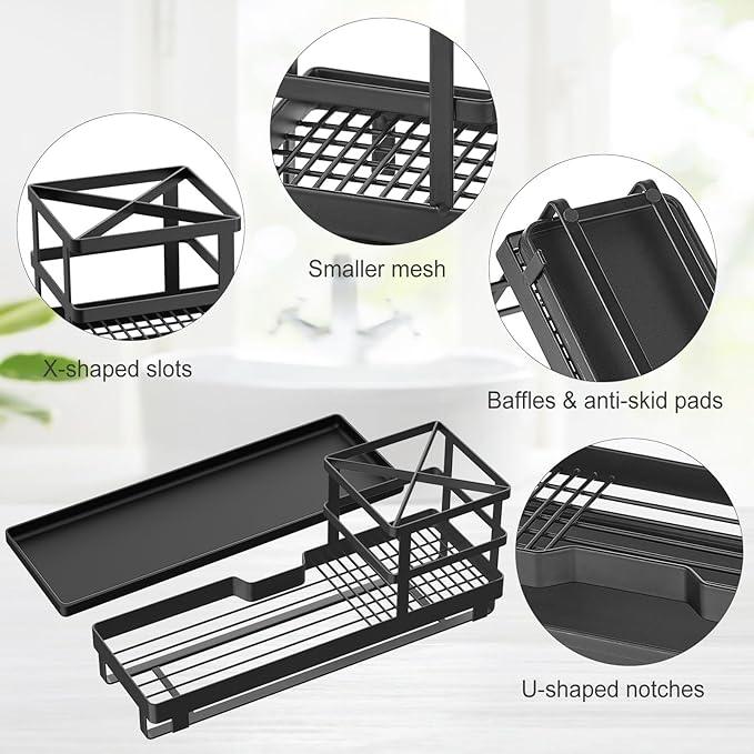 MYITYARD Toothbrush Holders for Bathrooms, Cotton Swabs & Cups Dispenser Set - Metal Electric Tooth Brushing & Toothpaste Countertop Organizer with Drainage for Shower, Sink - Black - ModernBath