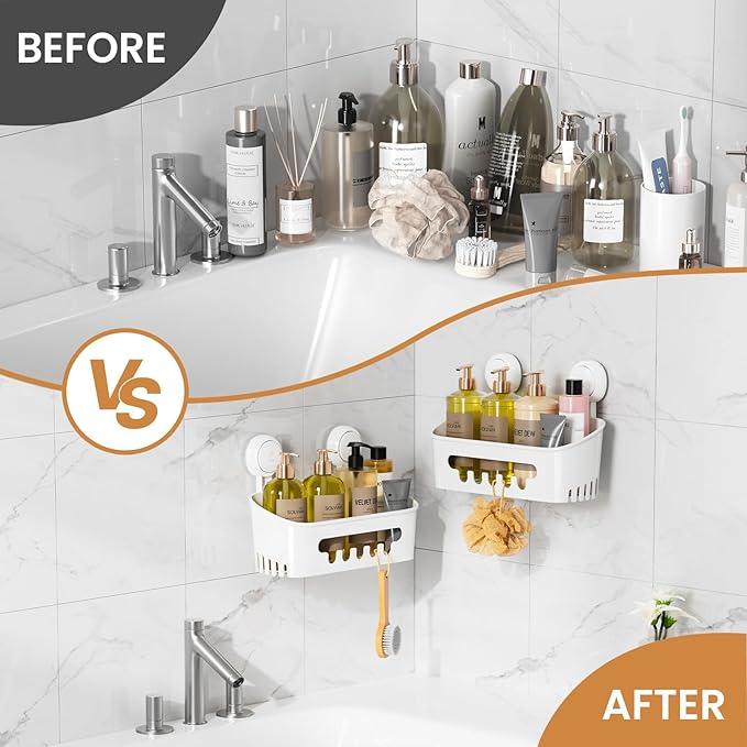 LEVERLOC Shower Caddy Suction Cup 2 Pack, Shower Organizer Removable Bathroom Shelf, Storage Suction Powerful Max Hold 22lbs Bathroom Caddy Waterproof Holder, White - ModernBath