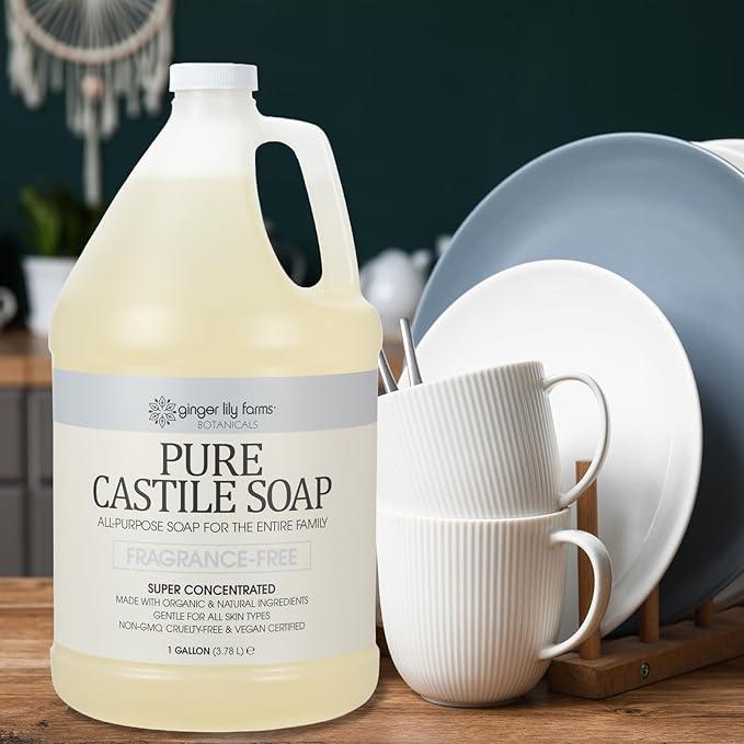 Ginger Lily Farms Botanicals Pure Castile Liquid Soap Refill, Fragrance-Free, 1 Gallon, All-Purpose Cleaner for Body, Face, Hair, Dishes, Laundry & Pets, Non-GMO, 100% Vegan & Cruelty-Free - ModernBath