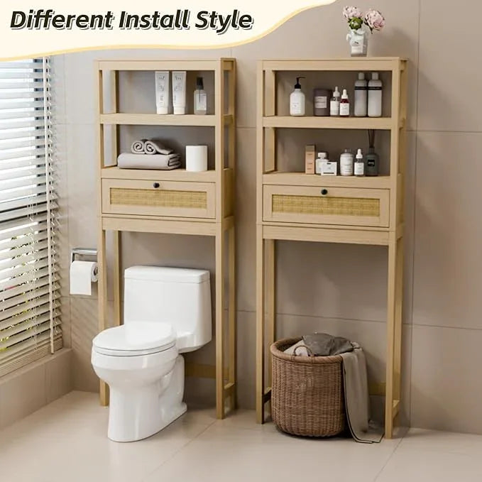 Over The Toilet Storage Cabinet, Behind Toilet Bathroom Organizer with Adjustable Shelves, Above Toilet Organizers with Rattan Door, Space Saver for Restroom, Bathroom, Laundry - ModernBath