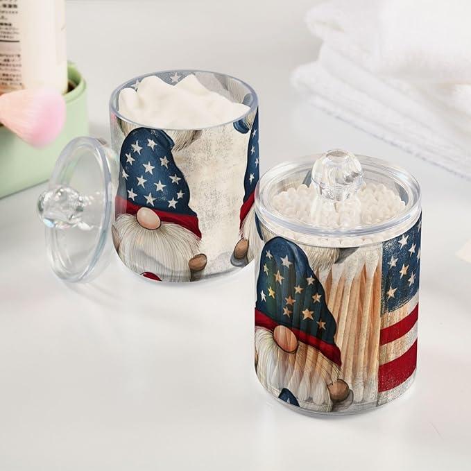 Tatenale Qtip Holder Bathroom Set Q tip Cotton Ball Swab Pad Dispenser Container Organizer Plastic Jars with Lids Storage 2Pack 4th Of July Patriotic Gnomes White - ModernBath