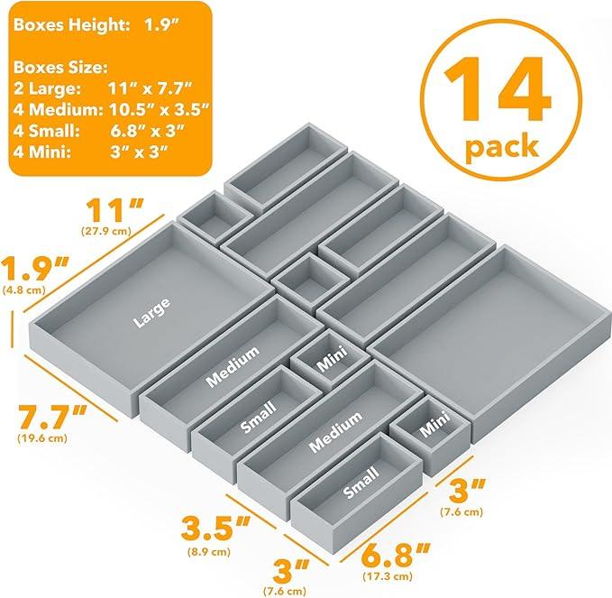 SpaceAid 14-Piece Bamboo Drawer Organizer Storage Boxes Set, Wood Tray Junk Drawer Organizers Multi-Use Divider Bins for Kitchen, Bathroom, Office Desk and Makeup Organization (14 Pack, Gray) - ModernBath