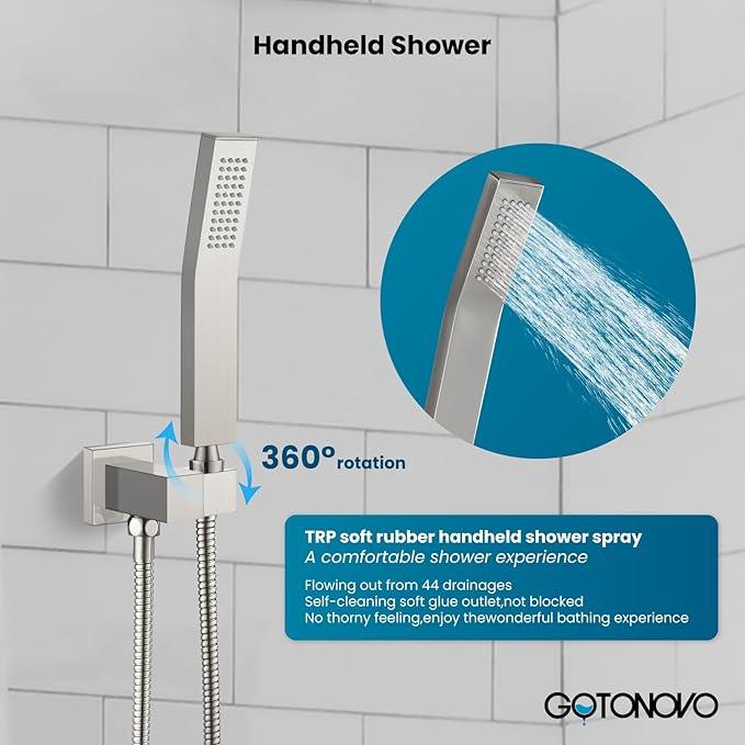 gotonovo Rainfall Bathroom Shower System Rain Shower Head and Handle Set Wall Mounted Shower Complete Combo Solid Brass Pressure Balancing Shower Mixer Valve 16 Inch Brushed Nickel - ModernBath