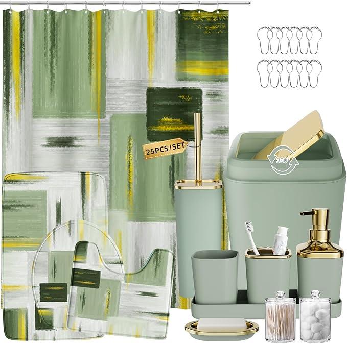 XLHOMO Bathroom Set - Sage Green Bathroom Accessories Set, Bathroom Sets with Shower Curtain and Rugs, Sage Green Shower Curtain Set with Bathroom Trash Can, Soap Dispenser, Soap Dish for Home Decor - ModernBath