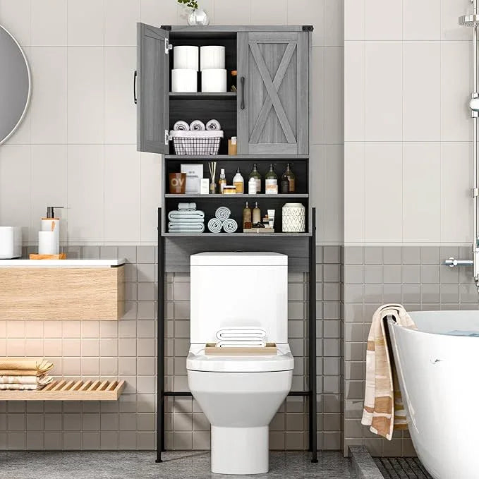 Vabches Over The Toilet Storage Cabinet, Farmhouse Over Toilet Storage Cabinet, Metal Frame with 2 Barn Doors, Home Space-Saving Toilet Rack for Bathroom, Toilet, Laundry Room. - ModernBath