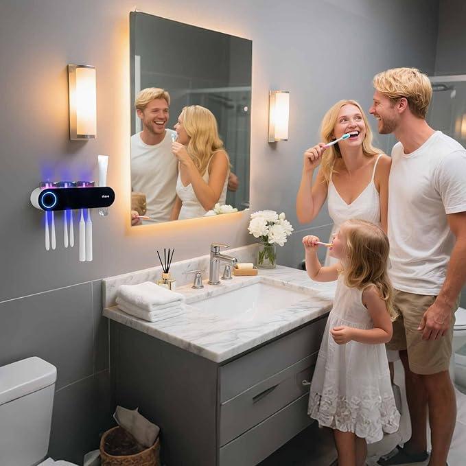 iHave Wall Mounted Electric Toothbrush Holders with 3 Cups, UV Sanitizer, Toothpaste Dispenser, Smart Home Bathroom Accessories & Decor, Black - ModernBath