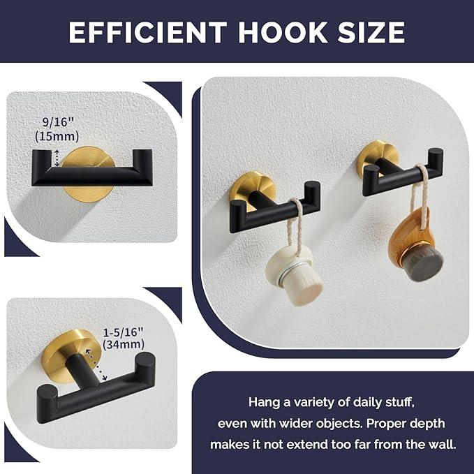 Angle Simple Towel Double Hook Black & Gold, 2 PCS Stainless Steel Bathroom Towel Holder, Dual Robe Coat Hook for Wall - ModernBath
